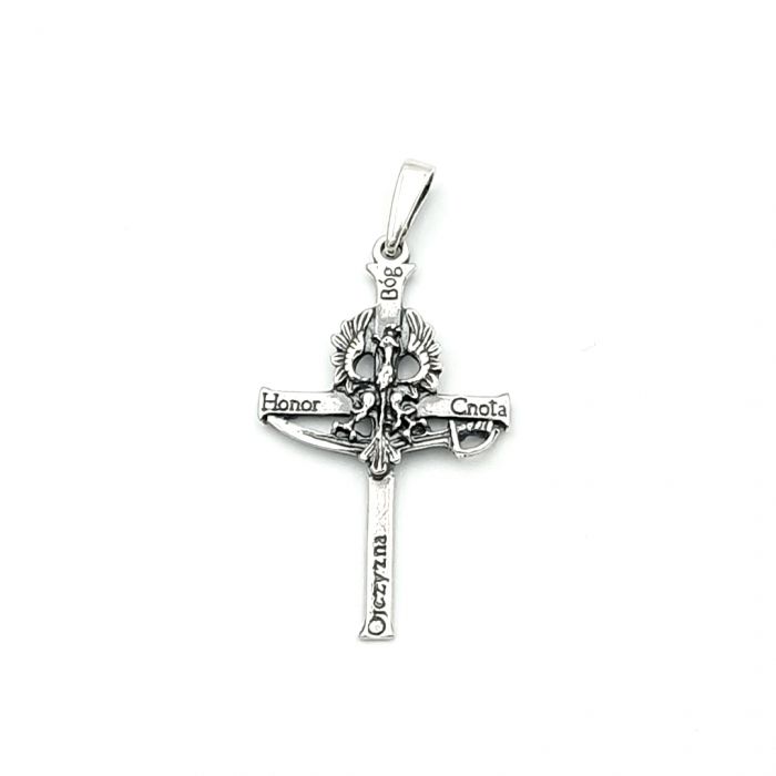 Bóg Honor Ojczyzna Cnota - srebrny, rodowany krzyżyk męski
